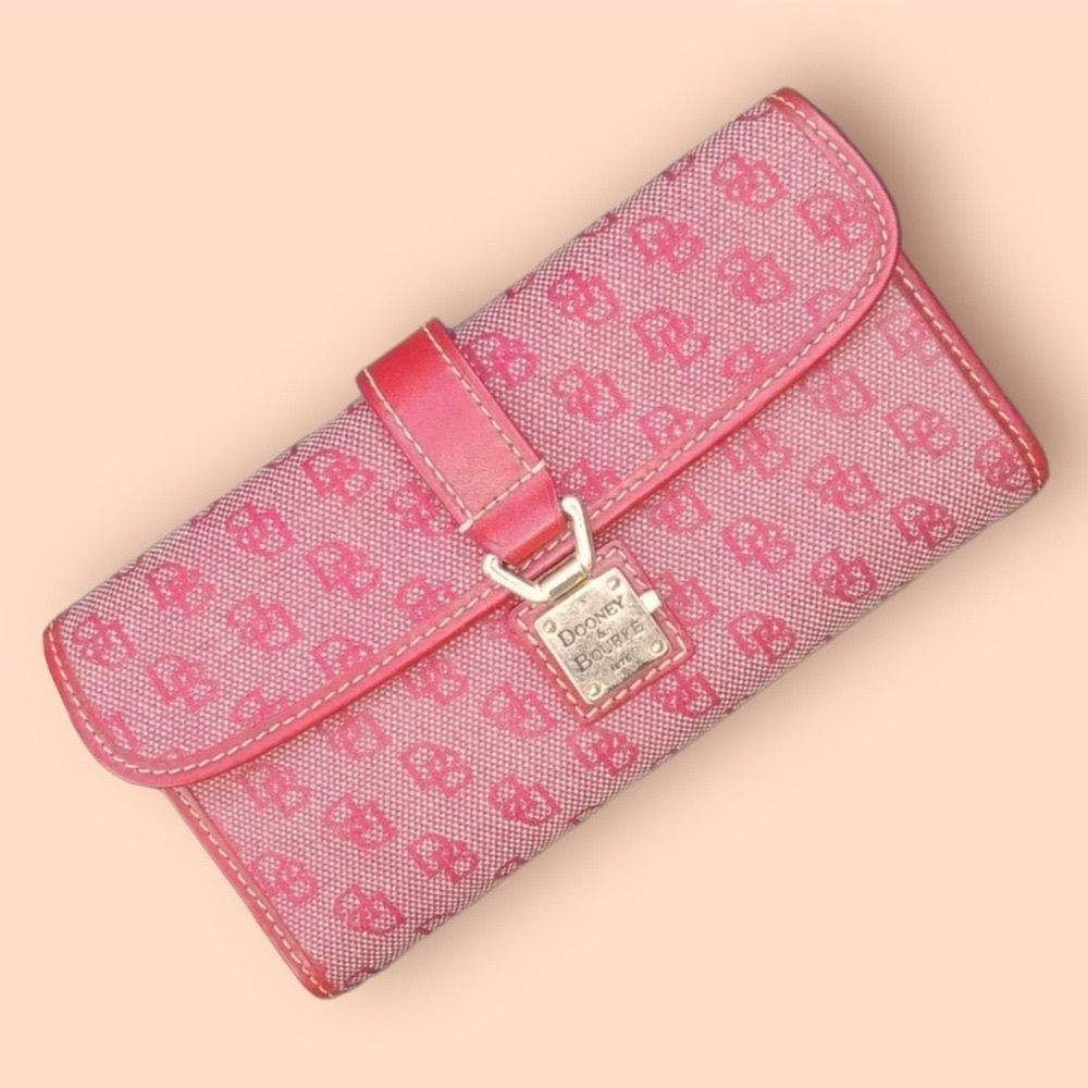 Dooney & Bourke Red Leather Zip Long Wallet -Red and Pink canvas signature